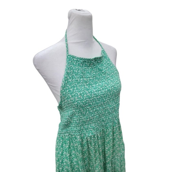 American Eagle Ditsy Floral Print Smocked Halter Dress Size Large Green - Picture 3 of 13